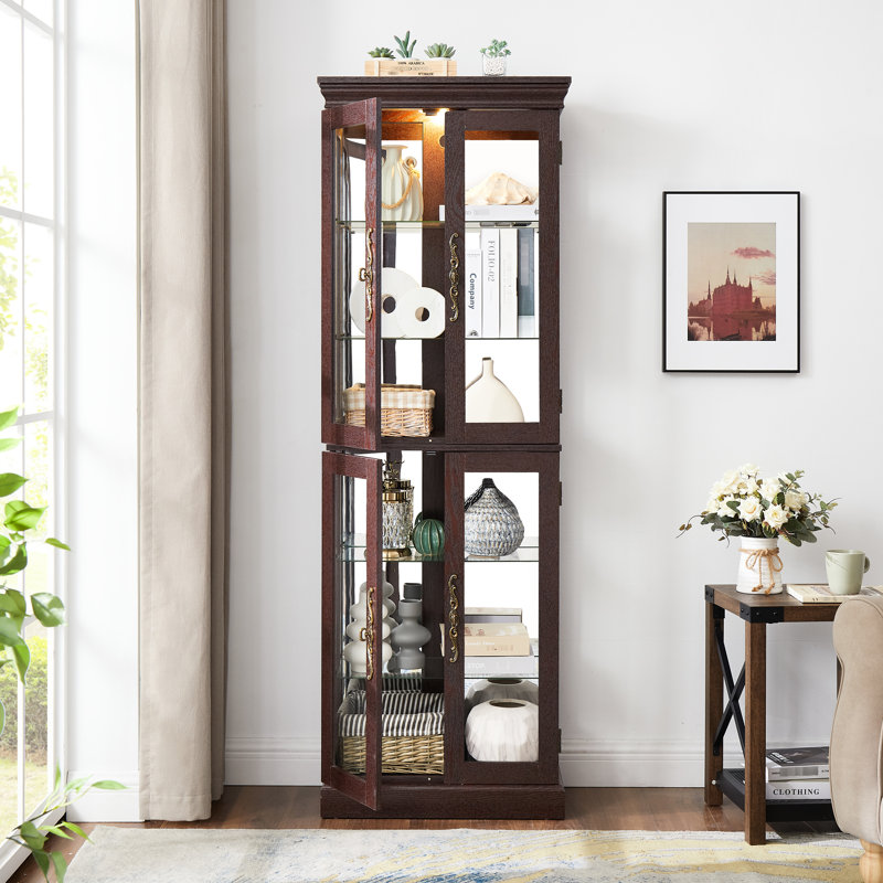 Vitrine à vin exquise avec intérieur illuminé et cloison mobile - Unité de cerisier foncé Éclairage sophistiqué Charnière silencieuse 12,49 po Large