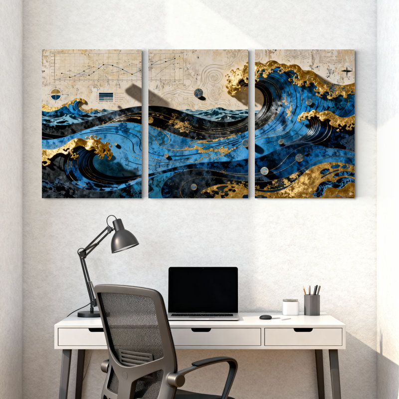 Nautique et plage, vagues de l'océan avec accents dorés et tons bleus, ensemble de 3 impressions sur toile, H 30 po x l 60 po