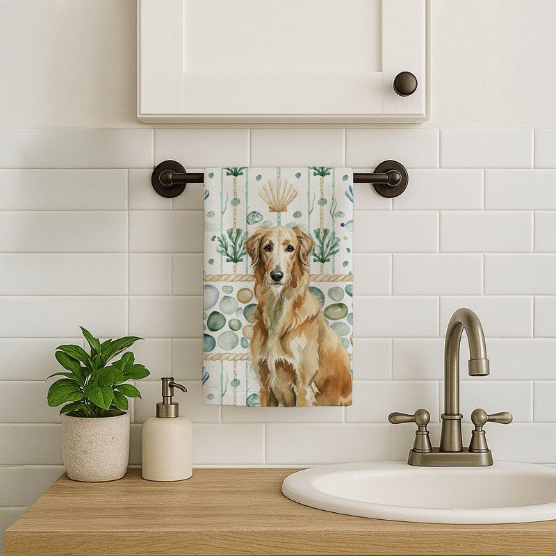 Wheaten Scottish Deerhound Coastal Sea Glass Kitchen Towel, Wheaten Scottish Deerhound