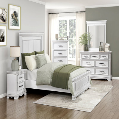 White Finish Elegant Queen Size Bed Frame Beautiful Panel Details Wooden Bedroom Furniture 1pc