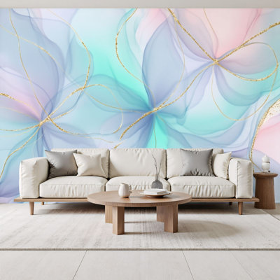 Papier peint adhésif décoratif décoratif floral doré pastel à motif abstrait H 69 po x l 96 po amovible en PVC pour chambre à coucher, bureau à domicile