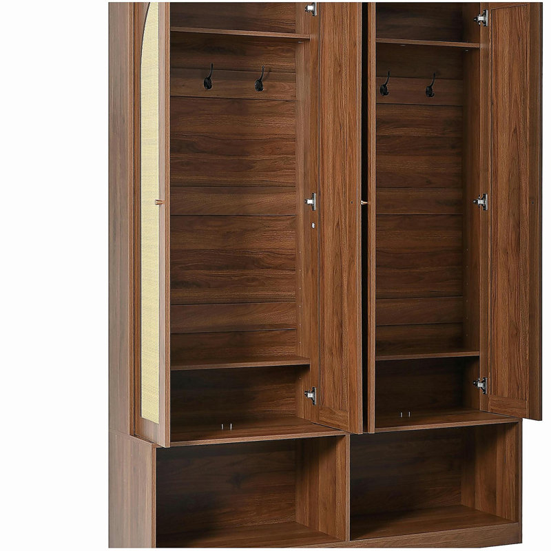 Hall Tree with 4 Rattan Doors, Versatile 4-In-1 Seating Bench with 6 Hooks, Mid-Century Entryway Shoe Cabinet with Adjustable Shelf
