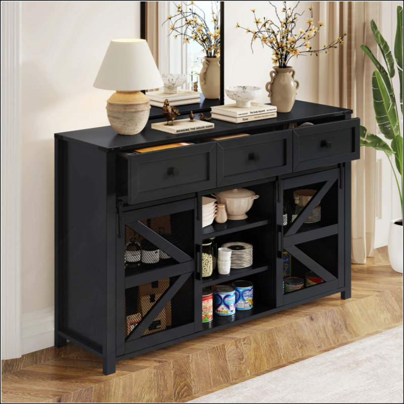 Sliding Barn Door Sideboard Buffet Cabinet With 3 Drawers, Adjustable Shelves, Metal Mesh & Particleboard Doors, Aluminum Handles, Industrial Storage For Living Or Dining Room