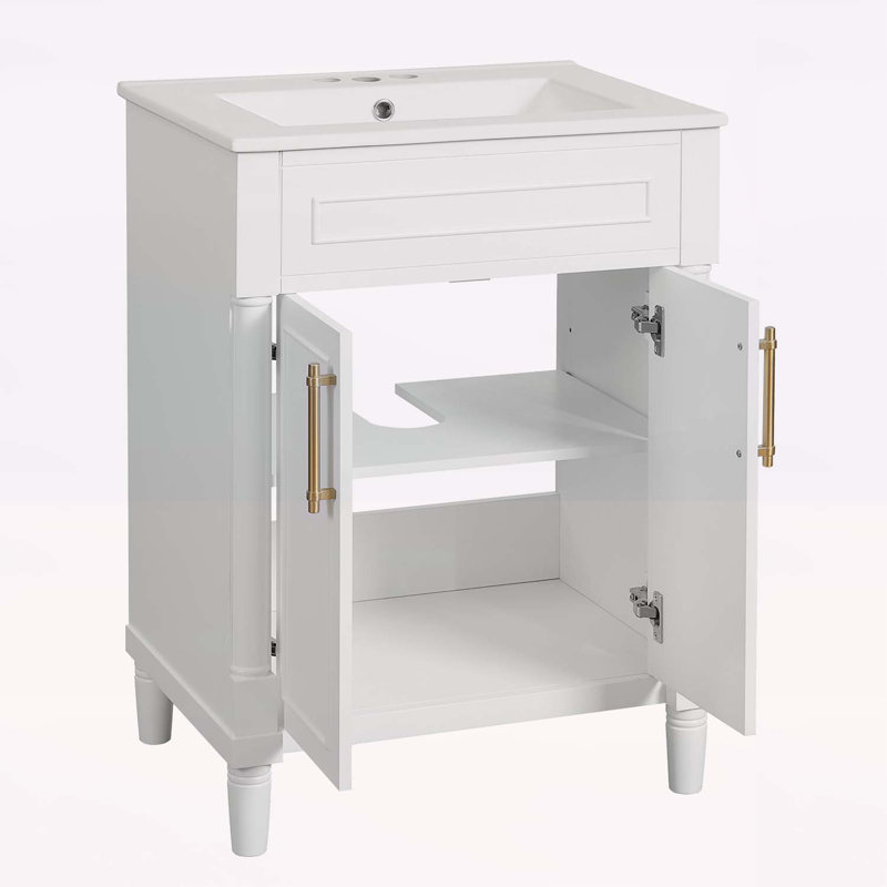 Meuble-lavabo élégant avec lavabo en céramique intégré et grand espace de rangement, Blanc