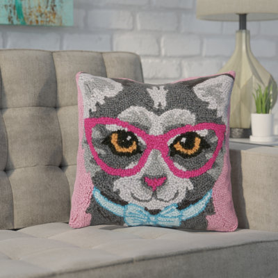 Dutcher Cat with Glasses Wool Hook Throw Pillow