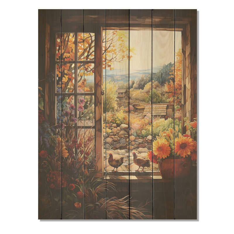 «Brown Farmhouse Window Blooms In Summer II» - Fenêtres de ferme sur impression sur bois, H 32 po x l 24 po