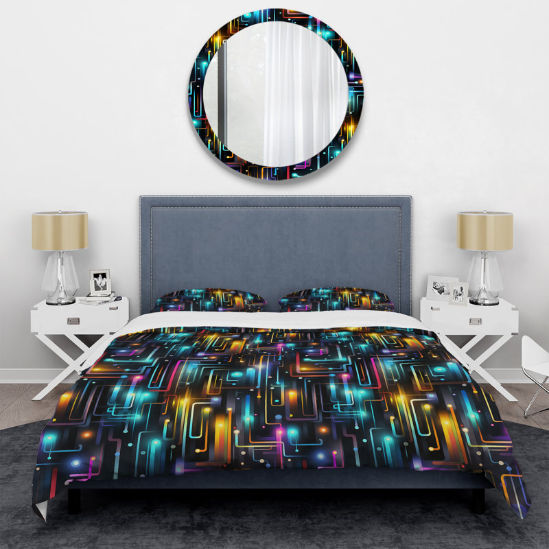 Ensemble de housse de couette Neon Futuristic Cubic Mirage - Geometric, Housse de couette pour grand lit et 2 taies décor