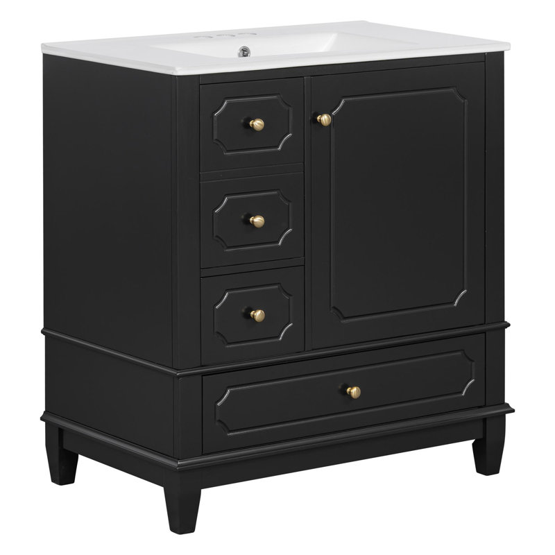 Meuble-lavabo de 30 po avec lavabo, meuble-lavabo autoportant noir avec lavabo en céramique, cadre en bois massif, porte et tiroirs à fermeture en douceur, panneau de fibres à densité moyenne peint et bois d'hévéa, tablettes de rangement incluses