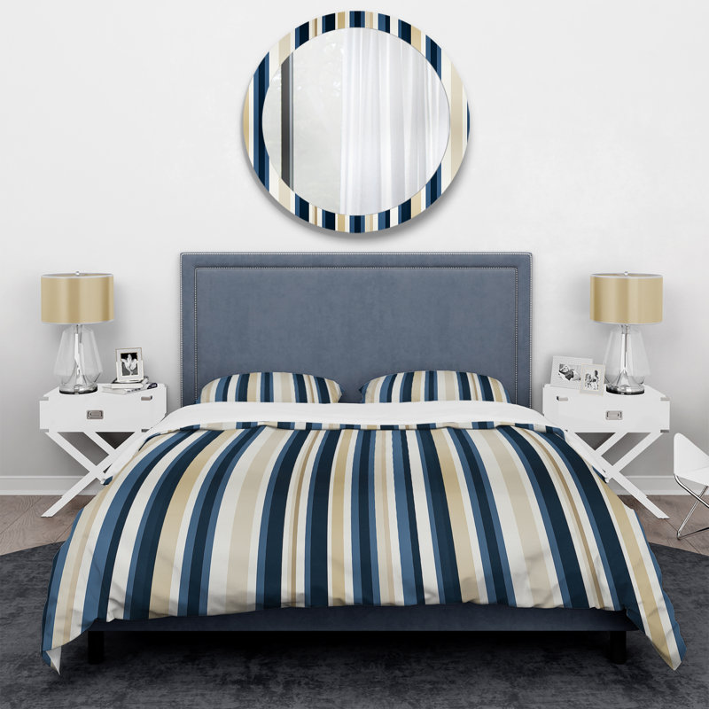 Literie à rayures classique classique beige et bleu, Housse de couette simple + 1 taie décorative stan