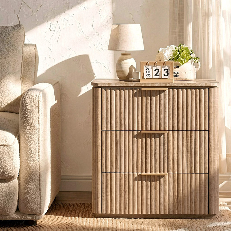 Modern Fluted Nightstand, 3-Drawer Nightstand with 1.97"-Thick Fluted Panels and Faux Marble Top, Oak, Oak, Set of 2