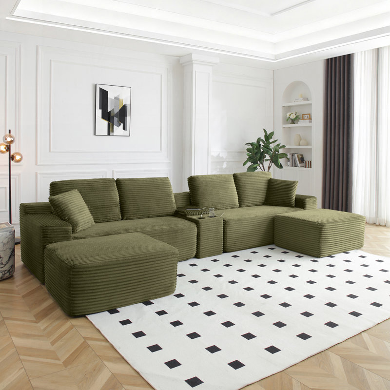 Canapé modulaire en L surdimensionné en forme de L avec porte-gobelets, USB, rangement, velours côtelé, Vert