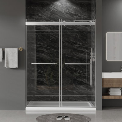 Porte de douche coulissante double l 55 à 59 po x H 75 po avec verre trempé 5/16 po, porte de douche sans cadre, salle de bain