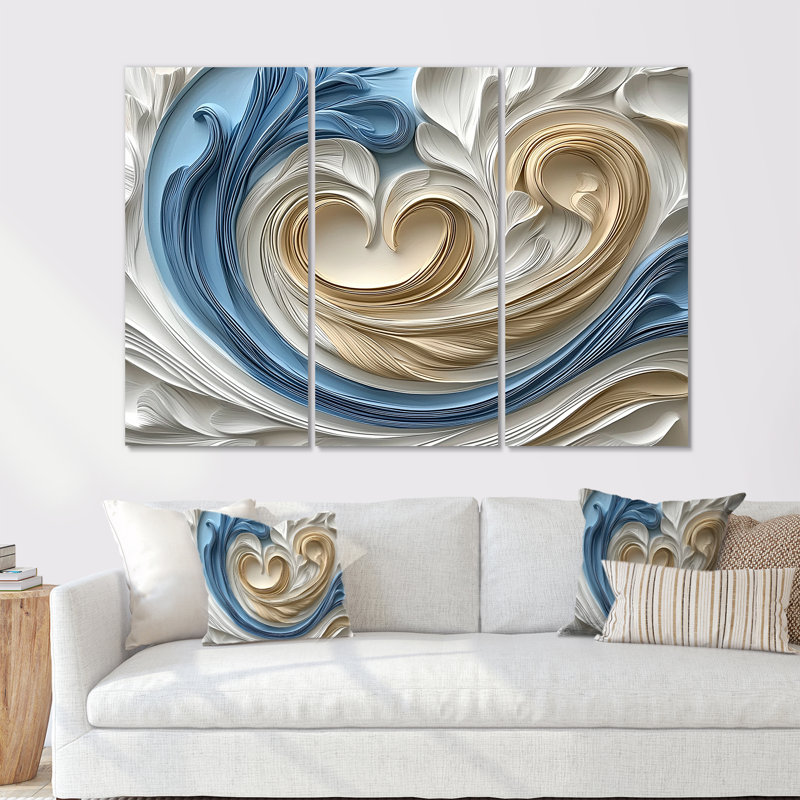 «White Spiraling Hearts Accented with Blue I», ensemble d'art mural spirales abstraites, H 28 po x l 36 po x P 1 po