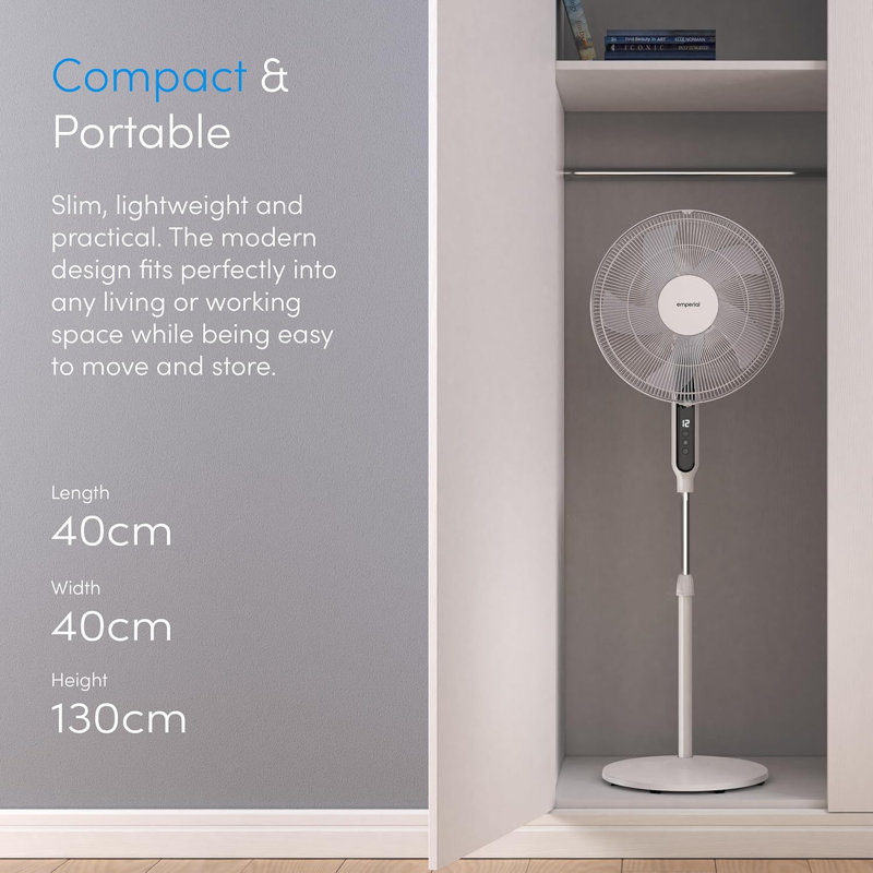 Emperial 16" Pedestal Fan with Remote Control - Free Standing Oscillating Cooling Fan, Adjustable Height, 12 Speed & Timer - White