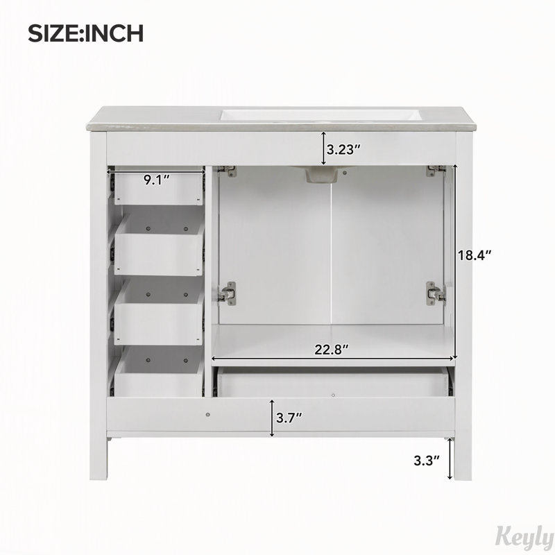 Meuble-lavabo de 91 cm avec lavabo en céramique, Blanc, Argent