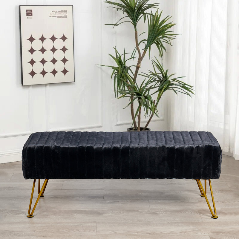 Faux Fur Upholstered Bench, Jet Black