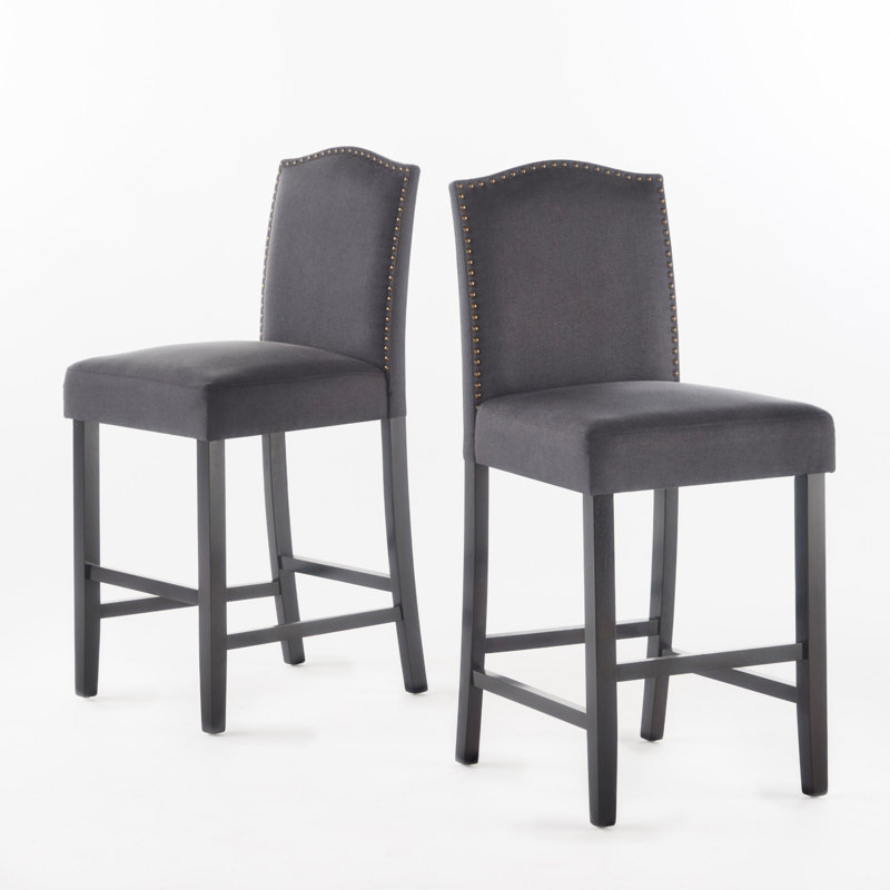 Ensemble de 2 tabourets de bar rembourrés à hauteur de comptoir de 26,25 po avec garniture cloutée, gris anthracite foncé et noyer