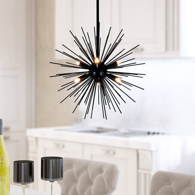 6-Light Starburst Chandelier – 16” Diameter, Black Finish – Modern Ceiling Light for Dining Room, Living Room, Bedroom