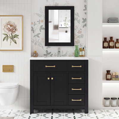 36" Single Bathroom Vanity Set with Sink Top and Mirror, Soft-Close Doors