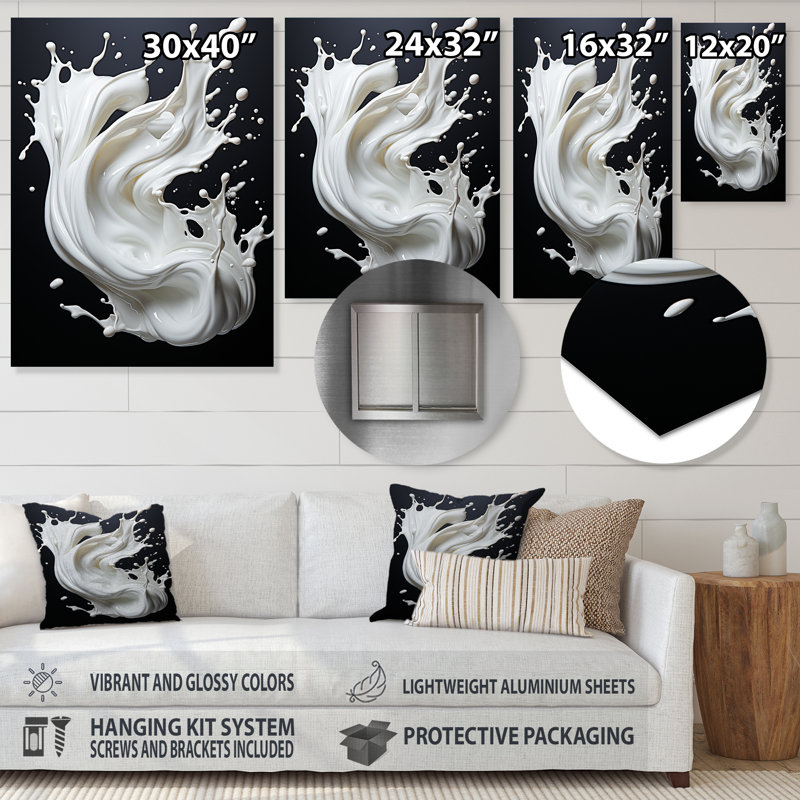 Art liquide noir et blanc - encre liquide, art mural abstrait, Pas de métal encadré, H 20 po x l 12 po x P 1 po