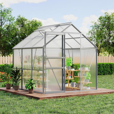 6x6 FT Walk-In Polycarbonate Greenhouse, Heavy Duty Aluminum Frame with Lockable Sliding Door & Adjustable Roof Vent, All-Weather Kit for Garden or Backyard - Natural Color