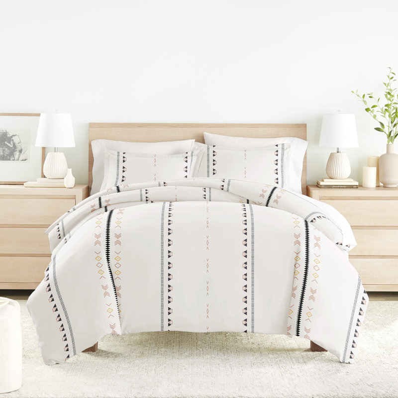Duvet Cover Set Patterned Microfiber Ultra Soft Bedding in Natural Geo Lines, Queen Duvet Cover + 2 Standard Shams