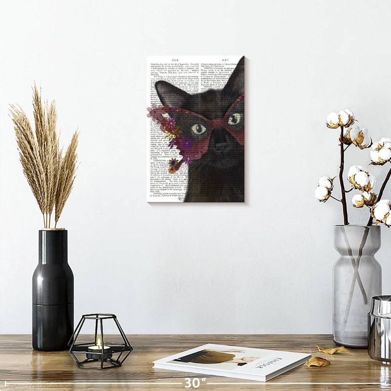 Chat Ketti et verres à fleurs II, H 12 po x l 8 po
