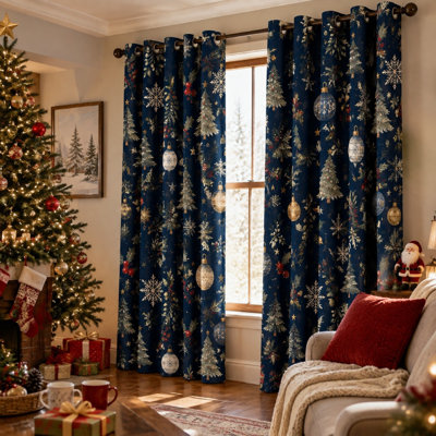 2 pièces d'arbre de Noël et ornements avec rideaux bloquant le soleil, scène d'hiver festive, décoration de vacances confortable pour le salon pour la maison