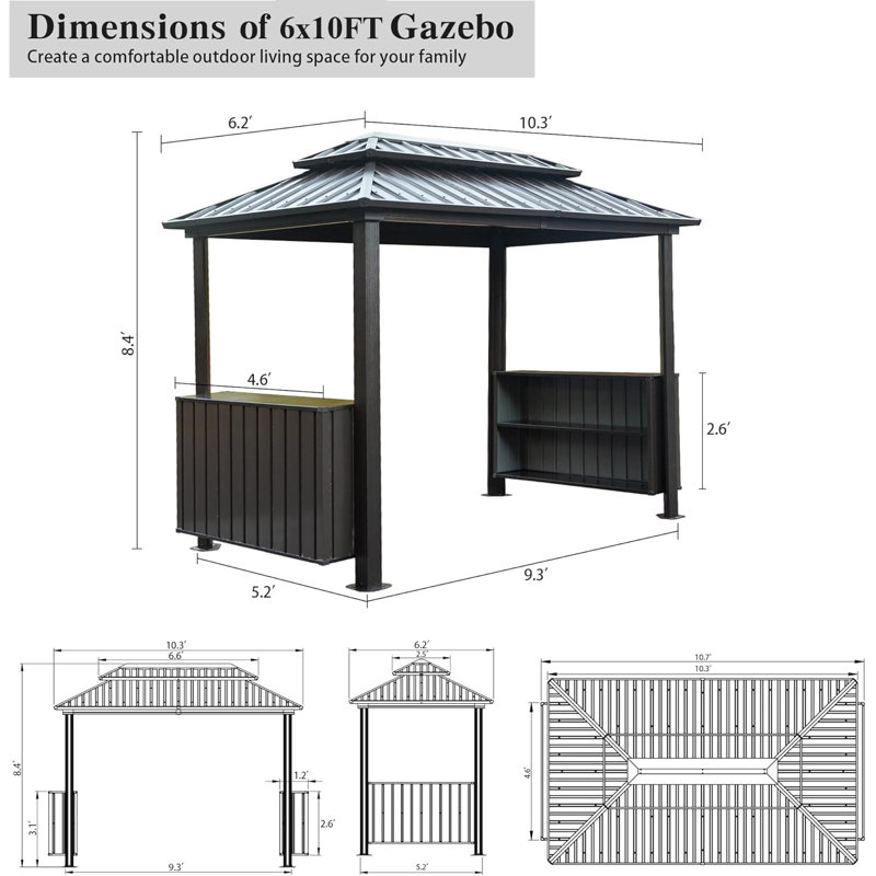 Hardtop Grill Gazebo, Outdoor BBQ Gazebo With Double Galvanized Steel Roof, Patio Grill Canopy With 2 Storage Cabinets And Ceiling Hooks For Backyard, Lawn, Garden