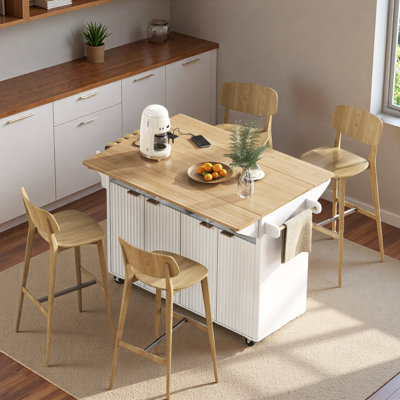 Fluted Kitchen Island With Drop Leaf, Power Outlet, Towel Rack, Spice Rack And Open Compartment by Lark Manor