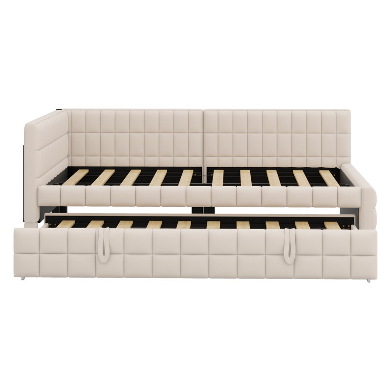 Lit de jour rembourré en L avec couchette escamotable et ports USB, Beige