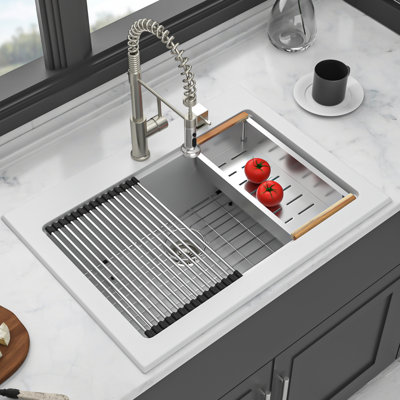 White Workstation 30x22" Kitchen Sink Drop - In, Granite Composite, Non Scratch Surface, , Package With Drying Roll Up Rack And Strainers Assembly Quartz Eliminates Vibration Noise, Scratch, Fits