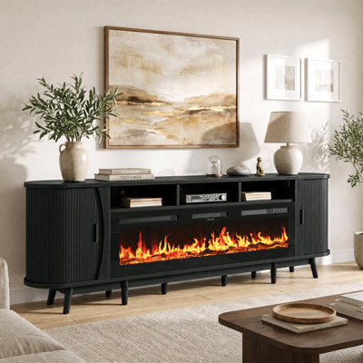 97"W Black Modern TV Stand With 60" Electric Fireplace For Tvs Up To 100", Tambour Door Media Console Cabinet, Fluted Entertainment Center