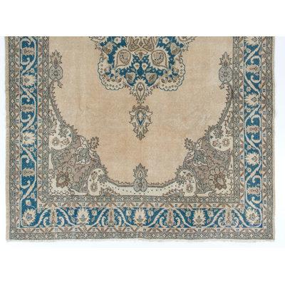 Tapis turc anatolien rétro fait à la main en beige et bleu