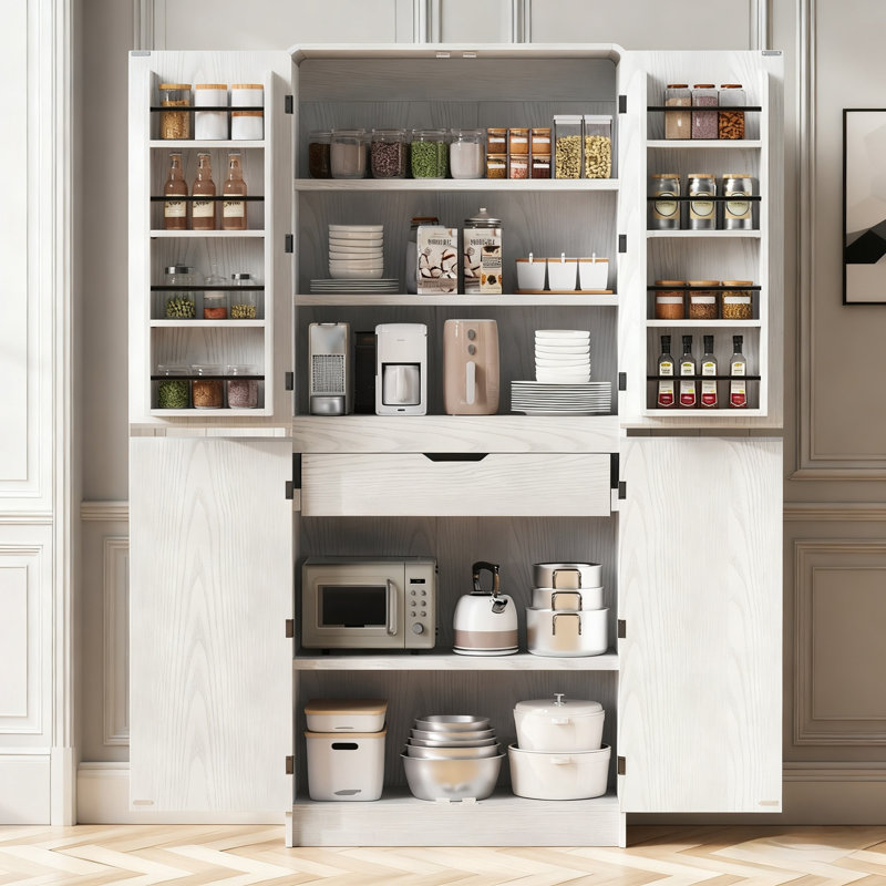 Garde-manger courbé avec tablettes de porte et tiroir caché, Blanc