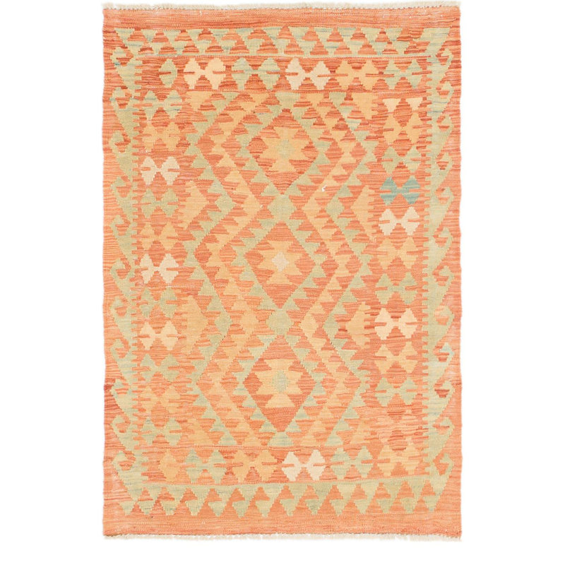 Tapis de zone en laine vert/orange 2 pi 9 po x 4 pi "one-of-kind" -the main noué la Elland