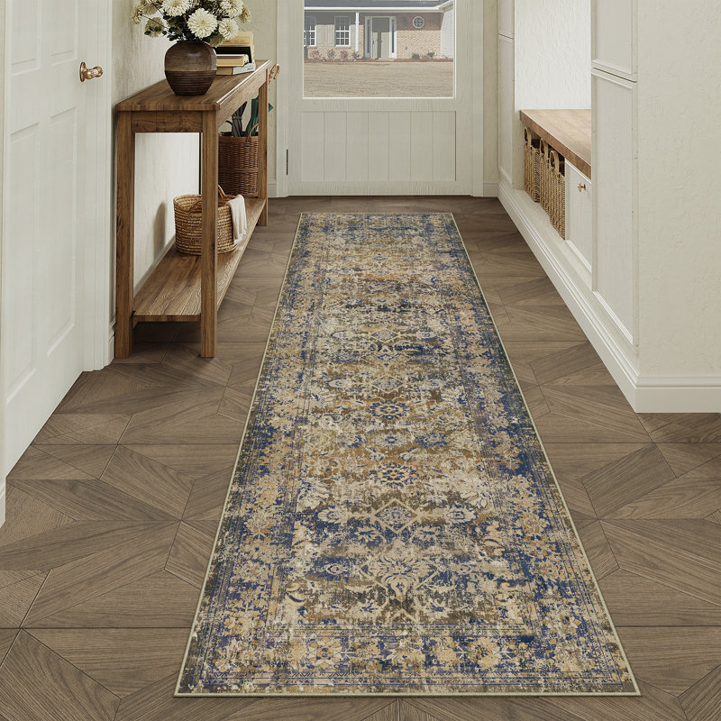 Tapis brun / bleu Velusha, Tapis de couloir 2 pi x 8 pi