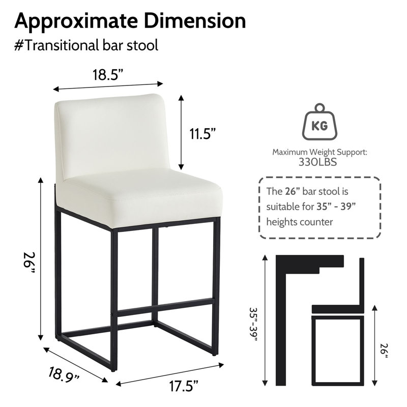 26" Modern Faux Leather Counter Stools, with Sturdy Metal Base, White Seat/ Black Frame, 2