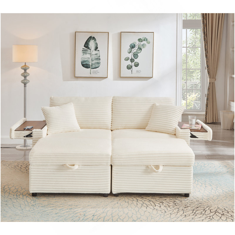 Canapé confortable moelleux en velours côtelé, espace de rangement pour grande causeuse, méridienne super moelleuse avec repose-pieds double et table de bout
