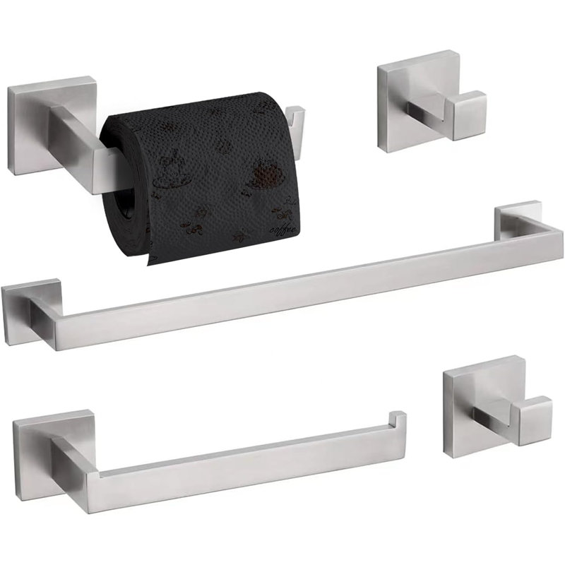 5-Piece Bathroom Towel Bar Set - SUS304 Stainless Steel Wall Mounted Towel Holder With Square Design, Includes Towel Ring, Tissue Holder And Hooks