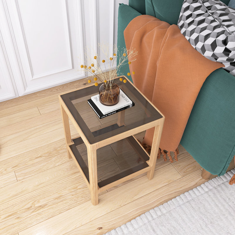 Table de bout en bois de chêne naturel avec verre trempé