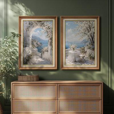 Mediterranean White Archway Coastal Villa Seaside View – Set of 2 Premium Framed Wall Art Print on Paper 26"x36"