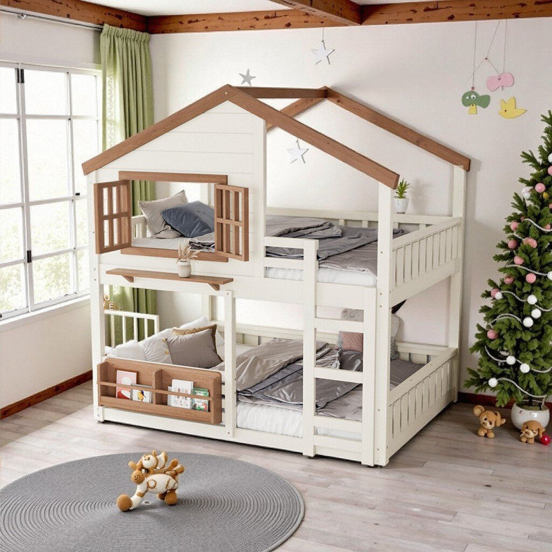 Lit superposé mezzanine en pin Mysig, format double, avec tablette et barrières de sécurité, design maison, pour enfants