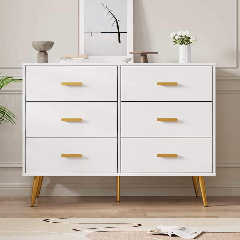 Commode moderne en bois avec poignées dorées, commode 6 tiroirs avec espace de rangement blanc, commode avec tiroirs profonds pour chambre à coucher, blanc