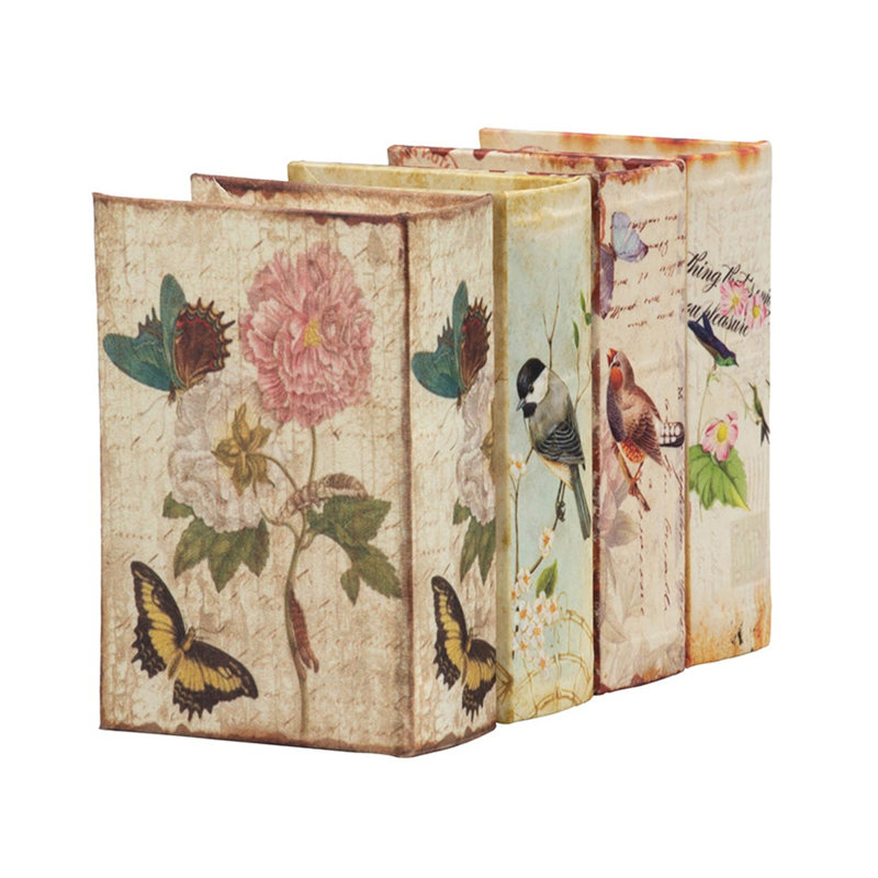 Ensemble de 4 boîtes de rangement décoratives en forme de livre avec motifs d'oiseaux et d'écriture, matériau en bois aggloméré