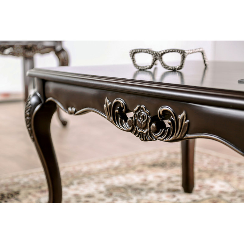 Table basse de style traditionnel avec pieds courbés et structure sculptée en bois massif, Marron foncé