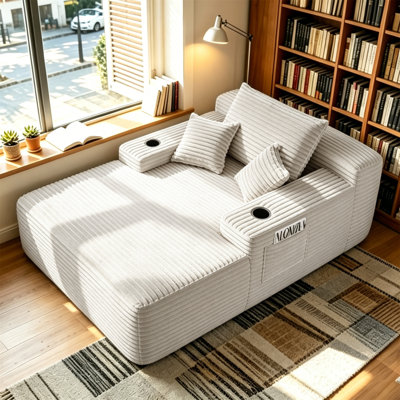 Chaise longue convertible moelleuse avec accoudoirs larges et coussins décoratifs, canapé-lit douillet sans accoudoirs, avec porte-gobelet, pour le salon, la chambre à coucher, aucun assemblage requis, peluche
