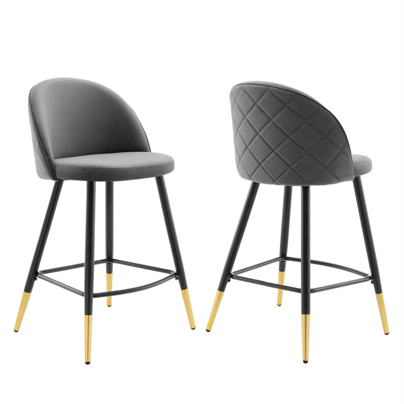 Cordial Bar Stools - Set of 2, Gray Velvet, Counter Stool (25" Seat Height)