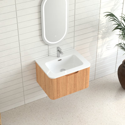 Pre - Assembled 24 Inch Wall Mounted Floating Bathroom Cabinet In Walnut With White Ceramic Basin, Curved Edge, Soft Close Drawer Feature Quiet