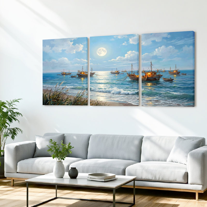 Ensemble de 3 tableaux sur toile représentant des bateaux de pêche au clair de lune sur l'océan, 1624